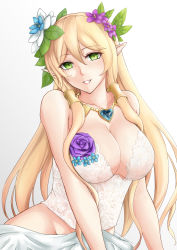 Rule 34 | 1girl, bare shoulders, blonde hair, blush, breasts, bustier, cleavage, dress, female focus, freyja (p&amp;d), green eyes, hat, highres, jewelry, large breasts, long hair, looking at viewer, necklace, no panties, open mouth, pointy ears, puzzle &amp; dragons, smile, solo, terry (pixiv3274443)