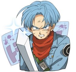 Rule 34 | 10s, 1boy, blue eyes, blue hair, dirty, dirty clothes, dragon ball, dragon ball super, fighting stance, jacket, kerchief, looking at viewer, male focus, official style, petagon, serious, short hair, simple background, solo, sweatdrop, sword, trunks (dragon ball), trunks (future) (dragon ball), weapon, white background