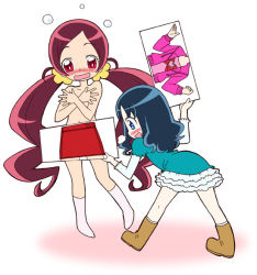 Rule 34 | 10s, 2girls, bare shoulders, blue eyes, blue hair, blush, boots, clothed female nude female, covering privates, covering breasts, crossed arms, dress, embarrassed, false clothes, full body, hair ornament, hairpin, hanasaki tsubomi, heartcatch precure!, kurumi erika, leaning, long hair, multiple girls, no bra, nude, official style, precure, red eyes, red hair, simple background, socks, twintails, very long hair, white background, yuuma (artist), yuuma (skirthike)