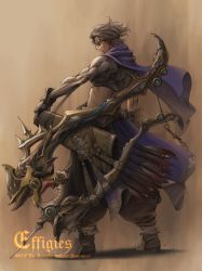 Rule 34 | 1boy, absurdres, armor, arrow (projectile), bow (weapon), cape, commentary, english text, engrish text, fantasy, full body, goggles, goggles on head, grey hair, highres, male focus, nishi, original, quiver, ranguage, sepia, simple background, solo, weapon