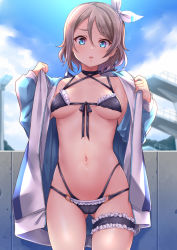 Rule 34 | 1girl, :o, bikini, black bikini, black ribbon, blue eyes, blue jacket, blue sky, blush, breasts, breasts apart, brown hair, cameltoe, cloud, collarbone, commentary request, cowboy shot, day, frilled bikini, frills, front-tie bikini top, front-tie top, gluteal fold, hair ornament, hair ribbon, highres, jacket, kanabun, bridal garter, long sleeves, looking at viewer, love live!, love live! sunshine!!, medium breasts, navel, open clothes, open jacket, open mouth, outdoors, ribbon, short hair, sky, solo, stomach, swimsuit, underboob, undressing, watanabe you, white ribbon
