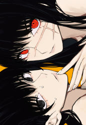 Rule 34 | 2girls, bare shoulders, black hair, chainsaw man, cross scar, facial scar, finger to another&#039;s mouth, highres, long hair, looking at viewer, mitaka asa, multiple girls, orange hair, red eyes, ringed eyes, sailen0, scar, scar on cheek, scar on face, sideways, sweat, twintails, yoru (chainsaw man)