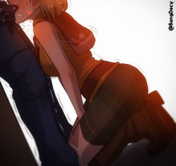 Rule 34 | 1boy, 1girl, artist name, ashley graham, bang dacy, blonde hair, blush, boots, capcom, clothed sex, fellatio, from side, head out of frame, heart, implied fellatio, knee boots, kneeling, leon s. kennedy, lower body, open fly, oral, resident evil, resident evil 4, saliva, skirt, trembling, twitter username