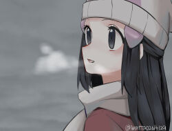 Rule 34 | 1girl, artist name, beanie, black eyes, black hair, breath, cold, commentary request, creatures (company), dawn (pokemon), game freak, grey background, hair ornament, hairclip, hat, highres, long hair, nintendo, one-hour drawing challenge, open mouth, pokemon, pokemon dppt, pokemon platinum, portrait, scarf, solo, tongue, watermark, watta02614129, white hat, white scarf, winter clothes