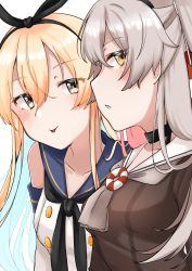 Rule 34 | 2girls, amatsukaze (kancolle), black neckerchief, blonde hair, blue sailor collar, brown dress, brown eyes, brown neckerchief, commentary request, crop top, dress, elbow gloves, gloves, grey eyes, hair tubes, highres, kantai collection, long hair, looking at viewer, multiple girls, neckerchief, sailor collar, sailor dress, shimakaze (kancolle), silver hair, suzuka sutera, tongue, tongue out, two side up, upper body, white gloves, white sailor collar