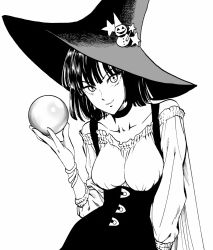 Rule 34 | 1girl, bare shoulders, bracelet, breasts, collar, collarbone, dress, fubuki (one-punch man), greyscale, halloween, halloween costume, hand up, hat, highres, jewelry, looking at viewer, medium breasts, monochrome, murata yuusuke, off-shoulder, off-shoulder dress, off shoulder, official art, one-punch man, orb, short hair, simple background, smile, snowman, solo, star (symbol), white background, witch hat