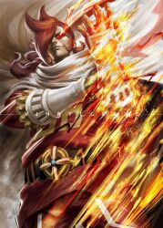 Rule 34 | 1boy, artist name, cape, closed mouth, commentary, curly eyebrows, english commentary, fire, gauntlets, goggles, hair over one eye, male focus, one eye covered, one piece, red hair, short hair, smile, solo, vinrylgrave, vinsmoke ichiji, white cape