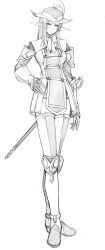 Rule 34 | 00s, 1girl, elf, elvaan, final fantasy, final fantasy xi, greyscale, hand on own hip, hat, hat feather, highres, monochrome, pointy ears, red mage (final fantasy), simple background, solo, sword, thighhighs, weapon, white background