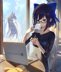 Rule 34 | 2girls, a-chan (hololive), absurdres, bare arms, bare shoulders, black-framed eyewear, black hair, black shirt, blue bow, blue eyes, blue shirt, bow, brown eyes, chair, commentary request, computer, copyright name, cup, day, glasses, hair bow, highres, holding, holding cup, hololive, indoors, laptop, long hair, long sleeves, mug, multiple girls, on chair, scottie (phantom2), semi-rimless eyewear, shirt, short hair, sitting, sleeveless, sleeveless shirt, stuffed animal, stuffed toy, table, teddy bear, tokino sora, under-rim eyewear, very long hair, virtual youtuber, window