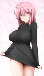 Rule 34 | 1girl, alternate costume, bad id, bad twitter id, black sweater, blush, breasts, clothes tug, commentary request, covered erect nipples, cowboy shot, eyes visible through hair, gradient background, hair between eyes, highres, large breasts, lens flare, looking at viewer, medium hair, naked sweater, no headwear, no pants, nori tamago, nose blush, pink background, pink hair, red eyes, ribbed sweater, saigyouji yuyuko, smile, solo, standing, sweater, sweater tug, thighs, touhou, turtleneck, turtleneck sweater, white background