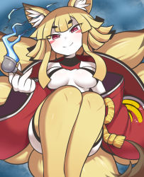 Rule 34 | 1girl, animal ear fluff, animal ears, blonde hair, blue fire, blunt bangs, bodysuit, breasts, closed mouth, colored skin, disgaea, feet out of frame, fire, fox ears, fox tail, highres, holding, holding smoking pipe, japanese clothes, kimono, kiseru, legs together, long sleeves, looking at viewer, medium breasts, medium hair, multiple tails, nine-tailed fox (disgaea), off shoulder, pink eyes, rantana (lalalalackluster), red kimono, sidelocks, slit pupils, smile, smoking pipe, solo, tail, tassel, white bodysuit, wide sleeves, yellow skin