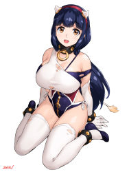 Rule 34 | 1girl, 2021, :d, arm support, blue footwear, blue hair, breasts, brown eyes, casual one-piece swimsuit, chinese zodiac, collar, cow horns, cow tail, gloves, hairband, highres, horns, large breasts, new year, off-shoulder one-piece swimsuit, off shoulder, one-piece swimsuit, open mouth, original, photoshop (medium), red hairband, side-tie swimsuit, sitting, smile, solo, swimsuit, tail, thighhighs, torn clothes, torn swimsuit, torn thighhighs, uchiu kazuma, wariza, white gloves, white thighhighs, year of the ox