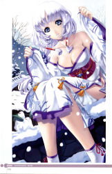 Rule 34 | 1girl, absurdres, bare shoulders, breasts, cleavage, detached sleeves, earrings, eiwa, highres, japanese clothes, jewelry, kimono, large breasts, lipstick, long hair, looking at viewer, makeup, nail polish, no panties, scan, side slit, sitting, snow, snow rabbit, snowing, solo, white hair