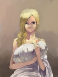 Rule 34 | 1girl, baby, baby carry, bad id, bad pixiv id, bare shoulders, bianca (dq5), blonde hair, blue eyes, braid, carrying, dragon quest, dragon quest v, hair over shoulder, painterly, ri yu, single braid, solo