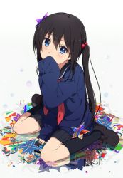 Rule 34 | 1girl, black hair, black legwear, blue eyes, blush, covering own mouth, flower, hair bobbles, hair flower, hair ornament, loafers, long hair, looking at viewer, neckerchief, ogipote, original, pleated skirt, school uniform, serafuku, shoes, sitting, skirt, sleeves past wrists, solo, twintails, wariza