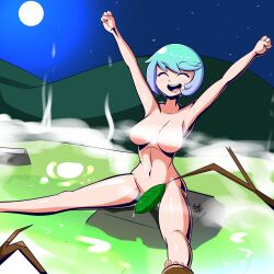 Rule 34 | 1girl, 2019, aonoexorcist100, armpits, arms up, blue hair, blush, borrowed character, branch, breasts, censored, closed eyes, convenient censoring, green hair, highres, leaf, leaf censor, medium breasts, moon, multicolored hair, navel, night, night sky, nude, open mouth, pixen (derpixon), short hair, signature, sky, smile, solo, spread legs, star (sky), starry sky, steam, steam censor, water