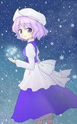 Rule 34 | 1girl, blue eyes, from side, gradient background, hat, letty whiterock, light purple hair, looking at viewer, mob cap, short hair, snowflakes, solo, tona (nekotte), touhou