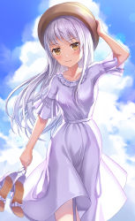 Rule 34 | 1girl, arm up, bang dream!, blue sky, blush, bow, breasts, brown eyes, brown hat, closed mouth, cloud, cloudy sky, collarbone, commentary request, day, dress, hand on headwear, hat, high heels, highres, holding, holding clothes, holding footwear, long hair, looking at viewer, lunacle, minato yukina, outdoors, sandals, shoes, short sleeves, silver hair, sky, small breasts, smile, solo, summer, unworn shoes, very long hair, white bow, white dress, white footwear