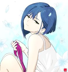 Rule 34 | 10s, 1girl, bare shoulders, blue hair, chris re5, closed mouth, darling in the franxx, flower, from side, green eyes, half-closed eyes, head tilt, highres, holding, ichigo (darling in the franxx), lily (flower), looking at viewer, short hair, solo, white flower