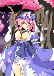 Rule 34 | 1girl, between breasts, breasts, cherry blossoms, cleavage, female focus, ghost, harukatron, large breasts, pink hair, red eyes, saigyouji yuyuko, solo, touhou, tree