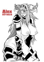 Rule 34 | alexstrasza, armor, blush, breasts, butcherboy, cape, choker, covered erect nipples, gauntlets, gloves, hairband, horns, jewelry, large breasts, long hair, monochrome, nipples, sweatdrop, topless, warcraft, world of warcraft