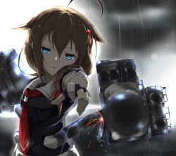Rule 34 | 10s, 1girl, ahoge, aiming, aiming at viewer, backlighting, black hair, blue eyes, blurry, braid, brown hair, cannon, depth of field, fingerless gloves, foreshortening, gloves, hair flaps, hair ornament, hair over shoulder, hairpin, highres, kantai collection, looking at viewer, machinery, neckerchief, outstretched arm, parted lips, rain, red neckerchief, rerubixi, school uniform, serafuku, shigure (kancolle), shigure kai ni (kancolle), short sleeves, single braid, solo, sparks, turret, upper body, weapon, wet, wet clothes, wet hair