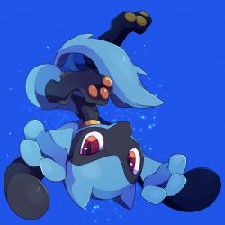 Rule 34 | arms up, blue background, blue fur, commentary request, creatures (company), full body, game freak, gen 4 pokemon, highres, kechon-san, looking at viewer, nintendo, pokemon, pokemon (creature), red eyes, riolu, solo, toes, upside-down