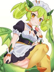 1girl black_dress blush breasts brown_eyes cleavage dragon_girl dragon_horns dragon_tail dragon_wings dress duel_monster eating green_hair green_wings horns kura_(xxcracy) long_hair low_wings maid maid_headdress medium_breasts orange_thighhighs parlor_dragonmaid simple_background solo tail thighhighs twintails white_background wings yu-gi-oh!