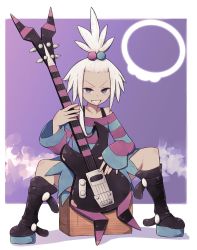 Rule 34 | bad id, bad twitter id, boots, commission, creatures (company), dress shirt, freckles, game freak, guitar, gym leader, hair ornament, highres, instrument, lamb-oic029, nintendo, pokemon, pokemon bw2, roxie (pokemon), shirt, solo, striped, white hair