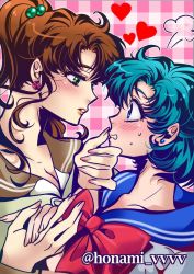 Rule 34 | 2girls, artist name, bishoujo senshi sailor moon, blue hair, blush, brown hair, checkered background, earrings, from side, grabbing another&#039;s chin, hand on another&#039;s chin, holding hands, honami vvvv, jewelry, kino makoto, looking at another, mizuno ami, multiple girls, nervous, school uniform, serafuku, stud earrings, twitter username, yuri
