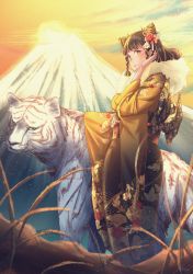 Rule 34 | 1girl, absurdres, black nails, braid, chinese zodiac, closed mouth, commentary request, cone hair bun, flower, fur collar, hair bun, hair flower, hair ornament, highres, japanese clothes, kimono, long sleeves, looking at viewer, mountain, multicolored hair, nail polish, original, short hair, solo, tiger, twin braids, two-tone hair, white tiger, wide sleeves, year of the tiger, yellow eyes, yellow kimono, yuuyu (sun yuu)