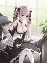 Rule 34 | 1girl, azur lane, bare shoulders, blush, breasts, cleavage, collarbone, day, detached collar, dress, earrings, flower pot, formidable (azur lane), grey hair, highres, indoors, instrument, jewelry, large breasts, looking at viewer, pantyhose, piano, plant, sitting, solo, twintails, window, yampa
