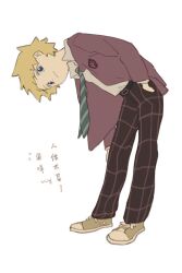 Rule 34 | 1boy, blazer, blonde hair, blue eyes, closed mouth, full body, hanazawa teruki, hand in pocket, jacket, leaning forward, long sleeves, looking at viewer, male focus, mob psycho 100, necktie, pants, purple jacket, school uniform, shirt, shoes, short hair, simple background, sneakers, solo, standing, translation request, white background, white shirt, wmq4k