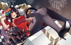Rule 34 | 1girl, :o, animal ear fluff, animal ears, azur lane, balloon, bell, black footwear, black hair, black legwear, box, breasts, cat ears, cat tail, commentary request, dress, dutch angle, fang, fireworks, floral print, flower, gift, gift box, hair flower, hair ornament, heart balloon, high heels, highres, jingle bell, large breasts, looking at viewer, mismatched eyebrows, night, official alternate costume, red dress, red eyes, short hair, sitting, skin fang, sky, solo, tail, tail bell, tail ornament, yamaha tsui, yamashiro (azur lane), yamashiro (dressy black cat) (azur lane)