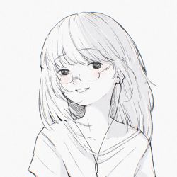 Rule 34 | 1girl, blush, collarbone, commentary, earbuds, earphones, grey background, head tilt, highres, looking at viewer, medium hair, monochrome, original, parted lips, portrait, shengdiyu, shirt, smile, solo, spot color, symbol-only commentary, t-shirt