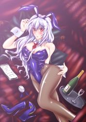 Rule 34 | 1girl, absurdres, alcohol, animal ears, bad id, bad pixiv id, bare shoulders, blue hair, bottle, bow, bowtie, breasts, brown pantyhose, cleavage, cup, detached collar, drinking glass, fake animal ears, female focus, fishnet pantyhose, fishnets, high heels, highres, huge breasts, kamishirasawa keine, leotard, lips, long hair, pantyhose, pillow, playboy bunny, rabbit ears, rabbit tail, red eyes, shoes, unworn shoes, smile, solo, tail, touhou, tray, tushuzhu, wine, wine bottle, wine glass, wrist cuffs
