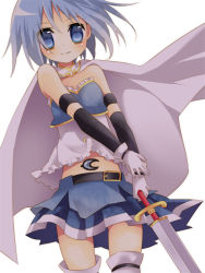 Rule 34 | 10s, 1girl, armband, armlet, armor, bare shoulders, belt, blue eyes, blue hair, blush, breastplate, cape, crescent, crescent moon, cutlass, elbow gloves, frills, gloves, layered skirt, looking at viewer, magical girl, mahou shoujo madoka magica, mahou shoujo madoka magica (anime), matching hair/eyes, midriff, miki sayaka, moon, navel, pleated skirt, short hair, sie-sie, simple background, skirt, smile, solo, soul gem, standing, sword, thighhighs, weapon, white gloves, white thighhighs, wristband, zettai ryouiki