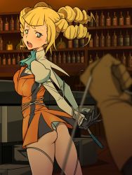 Rule 34 | 10s, 1girl, arms behind back, ass, bar (place), bare legs, blonde hair, blue eyes, blush, bottle, bound, breasts, don (rg06268), drill hair, female focus, from behind, gloves, groin, gundam, gundam build fighters, highres, ice place, indoors, legs, long hair, looking back, medium breasts, open mouth, panties, pantyshot, scarf, skirt, solo focus, standing, sweatdrop, thick eyebrows, thighs, tied up, underwear, upskirt, yajima caroline
