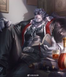 Rule 34 | 1boy, 6suan, animal ears, arknights, bara, belt, black belt, black jacket, black pants, black tank top, book, bottle, bulge, chain, chain necklace, covered abs, cup, dog tags, drinking glass, feet out of frame, furry, furry male, highres, holding, holding book, jacket, jewelry, large pectorals, looking at viewer, male focus, mountain (arknights), muscular, muscular male, necklace, official alternate costume, open clothes, open shirt, pants, pectorals, scar, scar across eye, scar on face, shadow, short hair, solo, tail, tank top, thighs, tiger boy, tiger ears, tiger tail, white fur, white hair, wine bottle