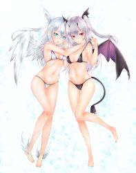 Rule 34 | 2girls, angel, angel and devil, ankle wings, barefoot, bikini, blue eyes, character request, demon girl, demon wings, frofrofrost, head wings, highres, multiple girls, phantasy star, phantasy star online 2, pointy ears, red eyes, revision, swimsuit, twintails, two side up, white hair, wings