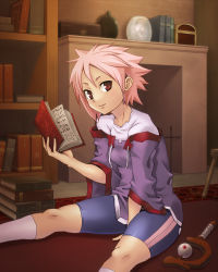 Rule 34 | 1girl, bad id, bad pixiv id, between thighs, bike shorts, book, fireplace, hashi, looking at viewer, open book, pink hair, red eyes, shelf, shirt, short hair, sitting, smile, socks, solo, sweater