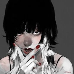 Rule 34 | 1girl, absurdres, aoki kouri, bad id, bad pixiv id, black eyes, black hair, blunt bangs, colored inner hair, english text, grey background, highres, lip tattoo, lips, looking at viewer, messy hair, monochrome, multicolored hair, nail polish, open mouth, original, portrait, realistic, sanpaku, solo, spaghetti strap, tattoo, v, v over mouth, white hair