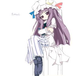 Rule 34 | 1girl, blush, crossed arms, dress, female focus, full body, hat, loafers, long hair, long sleeves, looking at viewer, mob cap, patchouli knowledge, purple eyes, purple hair, shino (eefy), shoes, solo, tareme, touhou, very long hair, white dress