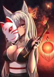 Rule 34 | 1girl, animal ears, breasts, bug, butterfly, chinese lantern, chinese lantern (plant), cleavage, covered eyes, food, fox ears, fox mask, fruit, holding, insect, japanese clothes, kimono, lantern, long hair, mask, obi, original, sash, smile, solo, upper body, very long hair, white hair, yellow eyes, zukky