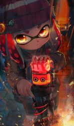 Rule 34 | 1girl, bad id, bad twitter id, badge, bag, beanie, bike shorts, black shorts, button badge, cable, closed mouth, commentary request, from above, glint, glowing, glowing eyes, grey hoodie, gun, hat, highres, holding, holding gun, holding weapon, hood, hood down, hoodie, ink, inkling, inkling girl, inkling player character, kashu (hizake), light particles, long sleeves, looking at viewer, monster girl, nintendo, orange eyes, outdoors, purple hat, rain, range blaster (splatoon), red hair, short eyebrows, short hair, shorts, single vertical stripe, solo, sparks, splatoon (series), splatoon 2, standing, stone floor, tentacle hair, weapon