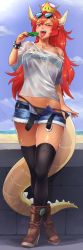 Rule 34 | 1girl, belt, bikini, black belt, black bikini, black thighhighs, boots, bowsette, bracelet, breasts, brown footwear, collarbone, commentary, commission, crossed legs, crown, dakimakura (medium), dark-skinned female, dark skin, day, denim, denim shorts, english commentary, eyewear on head, fang, food, full body, fur-trimmed shorts, fur trim, high heel boots, high heels, highres, horns, jewelry, large breasts, long hair, mario (series), maritan (pixelmaritan), monster girl, navel, new super mario bros. u deluxe, nintendo, open belt, open fly, open mouth, outdoors, pointy ears, popsicle, red eyes, red hair, see-through, shirt, short shorts, shorts, solo, spiked bracelet, spiked tail, spikes, sunglasses, super crown, sweat, swimsuit, tail, thighhighs, tongue, tongue out, unbuckled, uneven eyes, unzipped, v-shaped eyebrows, watson cross, white shirt