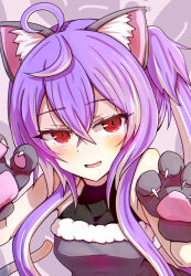 Rule 34 | 1girl, alternate costume, animal ears, animal hands, black sports bra, blush, breasts, cat ears, claw pose, commentary, dress, fur-trimmed dress, fur trim, gloves, grey dress, hair between eyes, highres, hiyoku no crosspiece, kemonomimi mode, long bangs, long hair, looking at viewer, multicolored hair, nanashi inc., open mouth, paw gloves, purple hair, qwq oekaki, red eyes, shisui kiki, sidelocks, small breasts, smile, solo, sports bra, streaked hair, two-tone hair, upper body, very long hair, virtual youtuber, white hair