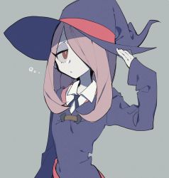 Rule 34 | ..., 1girl, asymmetrical bangs, blue hat, blue neckwear, collar, grey background, hat, higa423, little witch academia, long hair, long sleeves, purple hair, red eyes, side bangs, simple background, solo, sucy manbavaran, witch hat