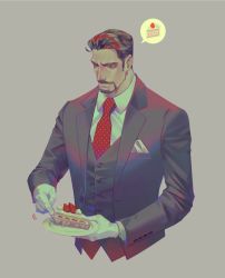 Rule 34 | 1boy, bara, beard, cake, coat, commentary request, facial hair, food, formal, holding, lapels, long sleeves, male focus, mature male, muscular, muscular male, necktie, original, shirt, short hair, solo, suit, ueno kishi