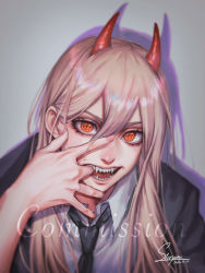 Rule 34 | 1girl, absurdres, blonde hair, business suit, chainsaw man, commission, cross-shaped pupils, crosshair pupils, demon girl, demon horns, english text, finger in own mouth, formal, grey background, highres, horns, necktie, orange eyes, power (chainsaw man), shadow, sharp teeth, simple background, solo, staryoruu, suit, symbol-shaped pupils, teeth